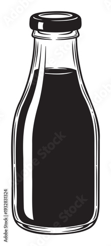 Black and white graphic of a liquidfilled bottle with a cap, perfect for packaging, food and beverage branding, or general product and drink concepts.