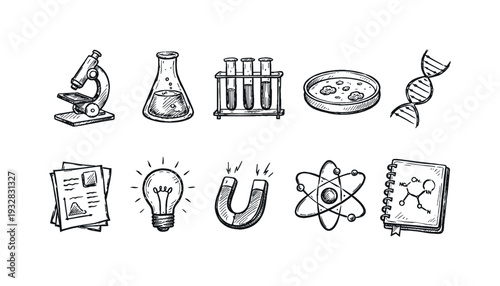 Science and education hand-drawn icon set. chemistry, biology sketch icons collection.