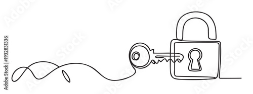 Minimalist continuous line graphic showing a key entering a lock, representing security, solutions, opening opportunities, and gaining access to new possibilities.