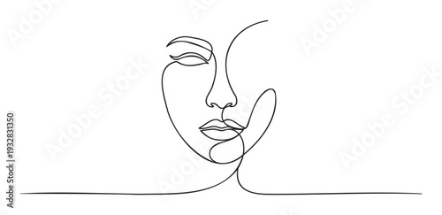 Elegant one line drawing of a graceful womans face, perfect for branding, minimalist decor, wellness advertising, and modern graphic projects requiring sophisticated simplicity.