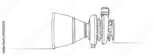 Single continuous line drawing depicting a detailed view of a turbochargers internal components, ideal for educational content, automotive diagrams, and industrial design projects requiring