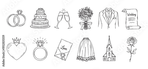 Hand drawn wedding and love themed line icons featuring diamond rings a tiered cake a champagne toast a flower bouquet and a church for romantic event invitations and decor projects
