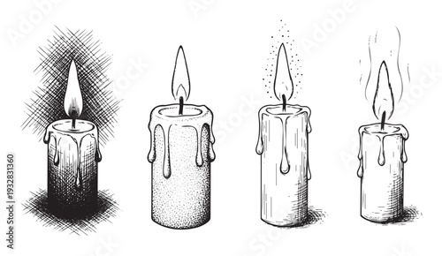Detailed collection of handdrawn burning wax candles with melting drips and varying shading techniques perfect for adding a vintage spiritual or atmospheric aesthetic