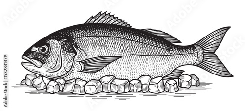 Black and white woodcut style drawing of a fresh fish presented on ice, perfect for restaurant menus, seafood packaging, cooking blogs, or market advertisements.
