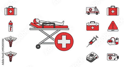 Medical Icons Set: Ambulance, Stretcher, Syringe, First Aid Kit, Caduceus