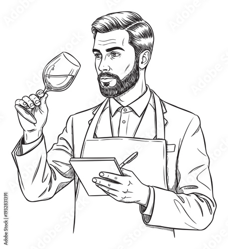 A professional sommelier with a beard is carefully evaluating a glass of wine while taking notes, perfect for beverage industry promotions and wine appreciation content.