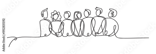 Minimalist one line art showing a cohesive community of friends or colleagues, perfect for illustrating concepts of connection, support, and collective identity in various projects.