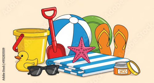 Beach essentials arranged for a fun day in the sun, ready for relaxation and enjoyment.