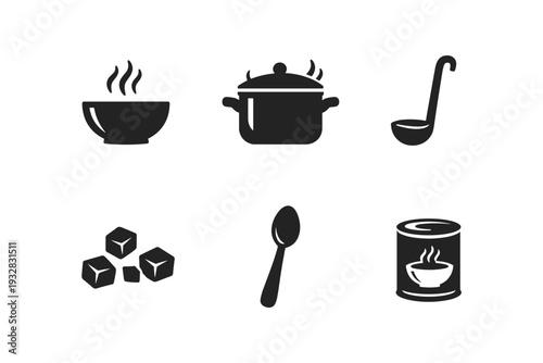 Collection of simple black icons representing food preparation and serving elements