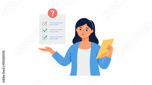 Concerned Woman with Checklist Poses Illustrating Doubt or Uncertainty Holding Paperwork with Tasks and Decisions Pending Isolated on White