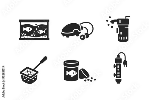Aquarium equipment icons: fish tank, air pump, filter, net, food, and heater
