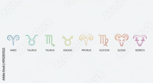 Zodiac signs arranged in a row, representing astrological concepts and celestial bodies.