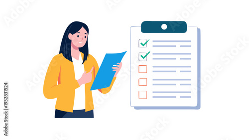 Concerned Woman with Checklist Poses Illustrating Doubt or Uncertainty Holding Paperwork with Tasks and Decisions Pending Isolated on White