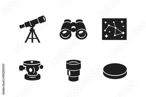 Collection of astronomical observation equipment icons including telescope, binoculars, and constellation