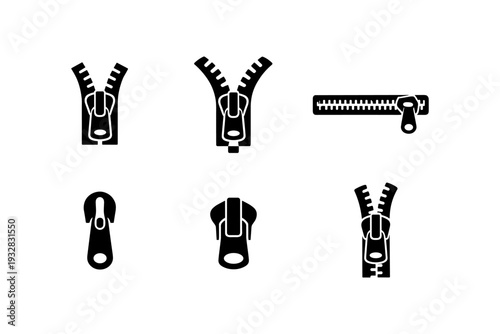 Collection of six black zipper icons on a white background, showing different styles and states