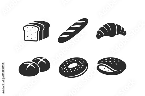 Collection of simple black and white icons representing various baked goods and pastries