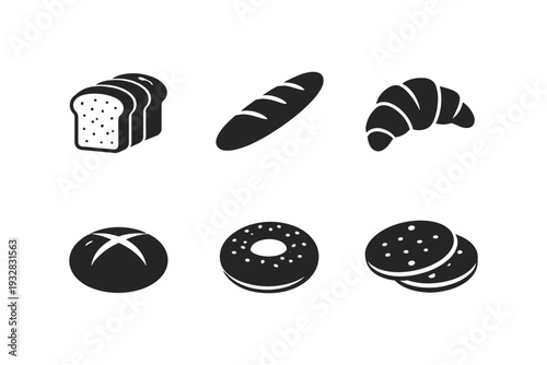 Collection of six simple black and white icons representing various baked goods and bread