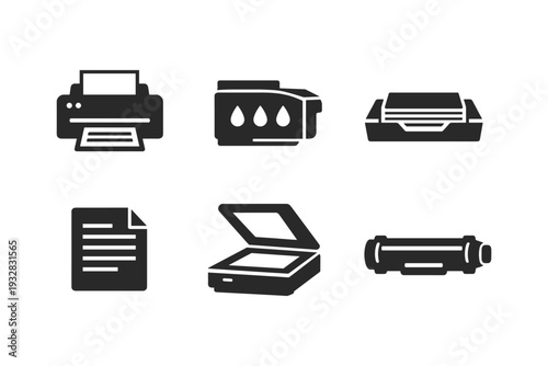 Collection of office technology icons including printer, scanner, and document