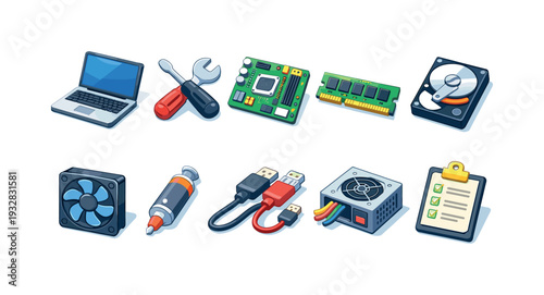 Computer hardware icon set. gadgets, components, tools in 3d style.