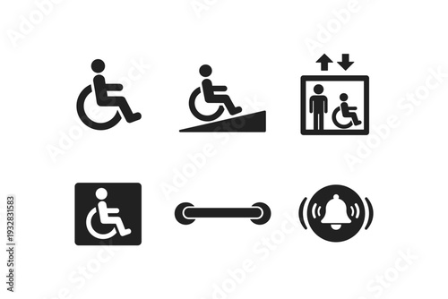 Collection of accessibility and safety icons for public spaces and buildings