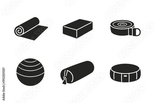 Collection of fitness and yoga equipment icons on a white background
