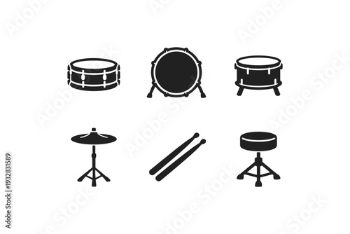 Collection of black drum kit icons and accessories on a white background