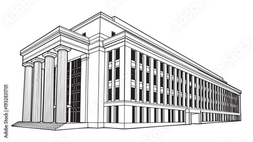Imposing architectural drawing of a grand classical building with prominent columns and multiple windows, ideal for educational materials, historical presentations, and urban planning
