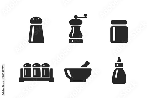 Collection of kitchen condiment and spice icons in a clean, modern vector style