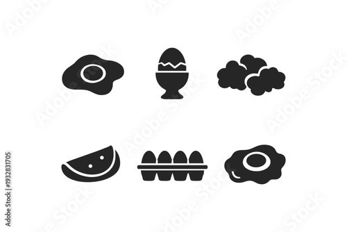 Collection of breakfast food icons including fried eggs, boiled egg, and fruit slice