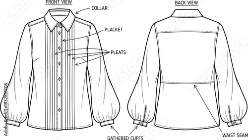 Women Blouse Technical Drawing, Front and Back View with Collar, Placket, Pleats and Gathered Cuffs, Fashion Flat Vector Illustration