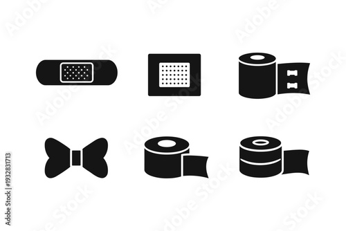 Collection of medical and adhesive tape icons in black and white