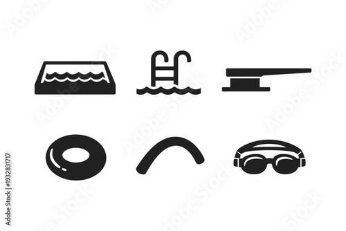 Collection of swimming and water sport icons including pool, ladder, diving board, float, kickboard, and goggles