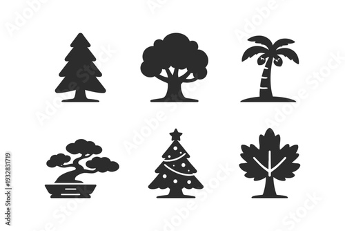 Collection of diverse tree icons including pine, deciduous, palm, bonsai, and Christmas tree