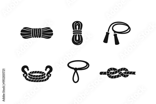 Collection of six black and white vector icons representing different types of ropes and knots