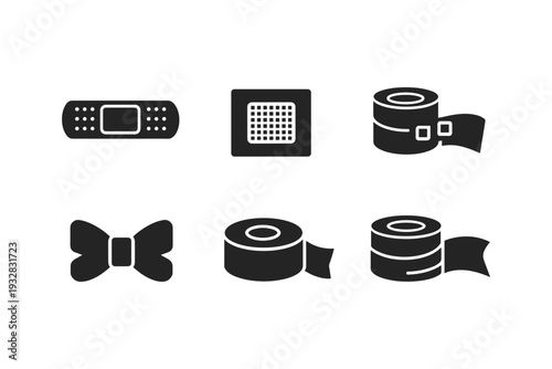 Collection of medical and craft tape icons including bandages and bow tie