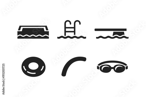 Collection of simple black icons representing swimming pool elements and accessories
