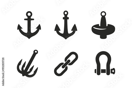 Collection of nautical and marine equipment icons including anchors, chain, and shackle