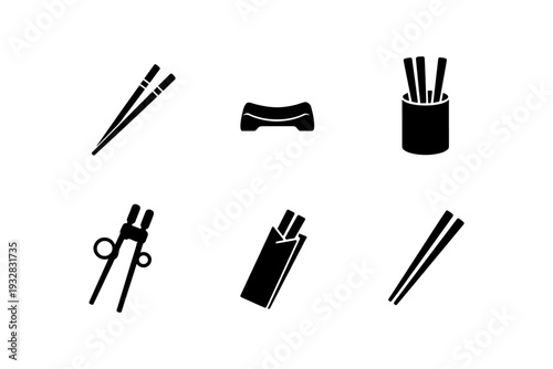 Collection of black icons representing chopsticks and related accessories for dining