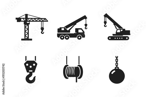 Collection of construction and demolition equipment icons including cranes, hooks, and wrecking ball