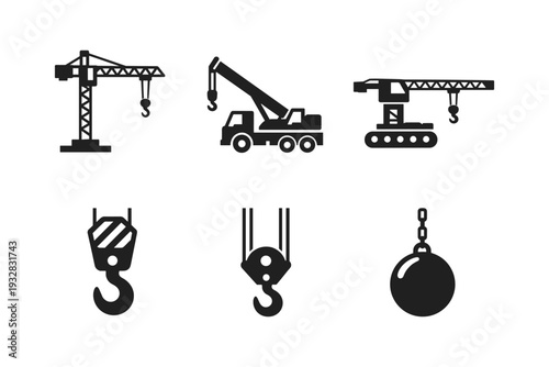 Collection of construction and demolition equipment icons including cranes, hooks, and wrecking ball