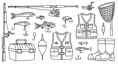 Fishing gear illustration - rods, reels, fish, vest, net, tackle box, and boots.