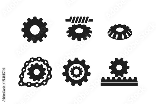 Collection of six different gear and cogwheel icons representing mechanical engineering concepts