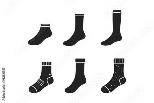 Collection of six different sock silhouettes with varying lengths and patterns