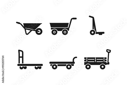 Collection of various industrial and garden carts and trolleys for moving goods