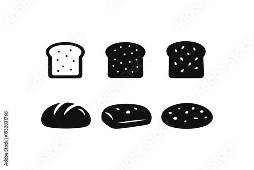 Collection of simple black and white icons representing different types of bread and toast