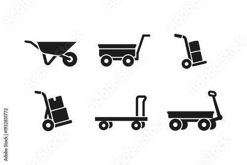 Collection of six different types of hand trucks and trolleys for moving goods