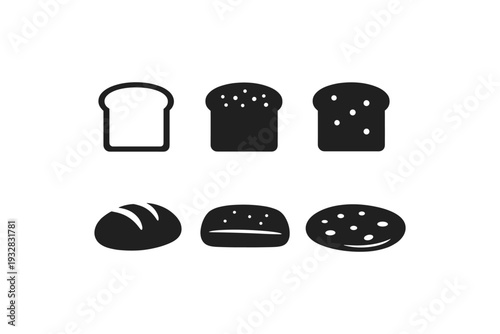 Collection of six different bread icons in black and white, representing various types of baked goods
