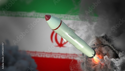 Missile launching with smoke and fire on a blurred Iranian flag background, symbolizing military power and rising conflict