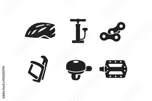 Collection of bicycle accessories icons including helmet, pump, chain, bottle cage, bell, and pedal