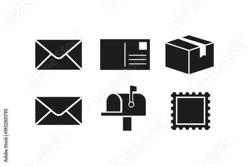 Collection of postal service icons including envelopes, postcard, box, mailbox, and stamp